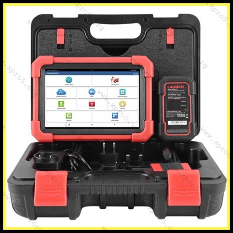 Launch XPRO5 8-inch diagnostic tablet with OBD adapter inside protective carry case – professional automotive scanner