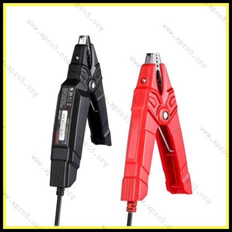 Launch BST-360 Bluetooth Battery Tester – Vertical Clamp View Launch BST-360 Bluetooth battery tester vertical view – red and black clamps for 12V automotive diagnostics